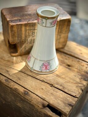 Antique Nippon Porcelain Vase Pink Roses Raised Gold Beaded Trim Japan